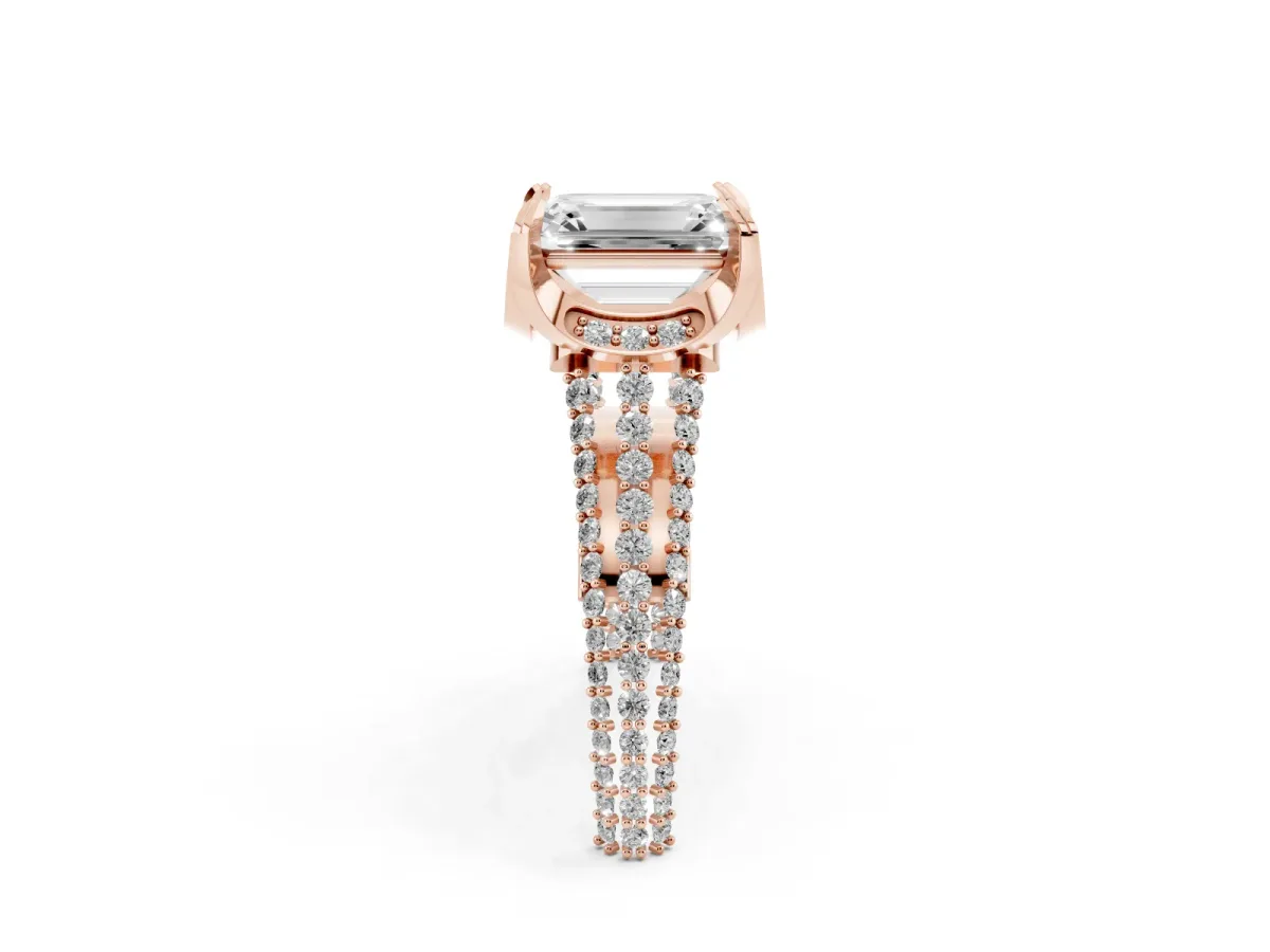 Emerald Cut Solitaire Pave Split Shank Ring with Four-Prong Setting Rose gold