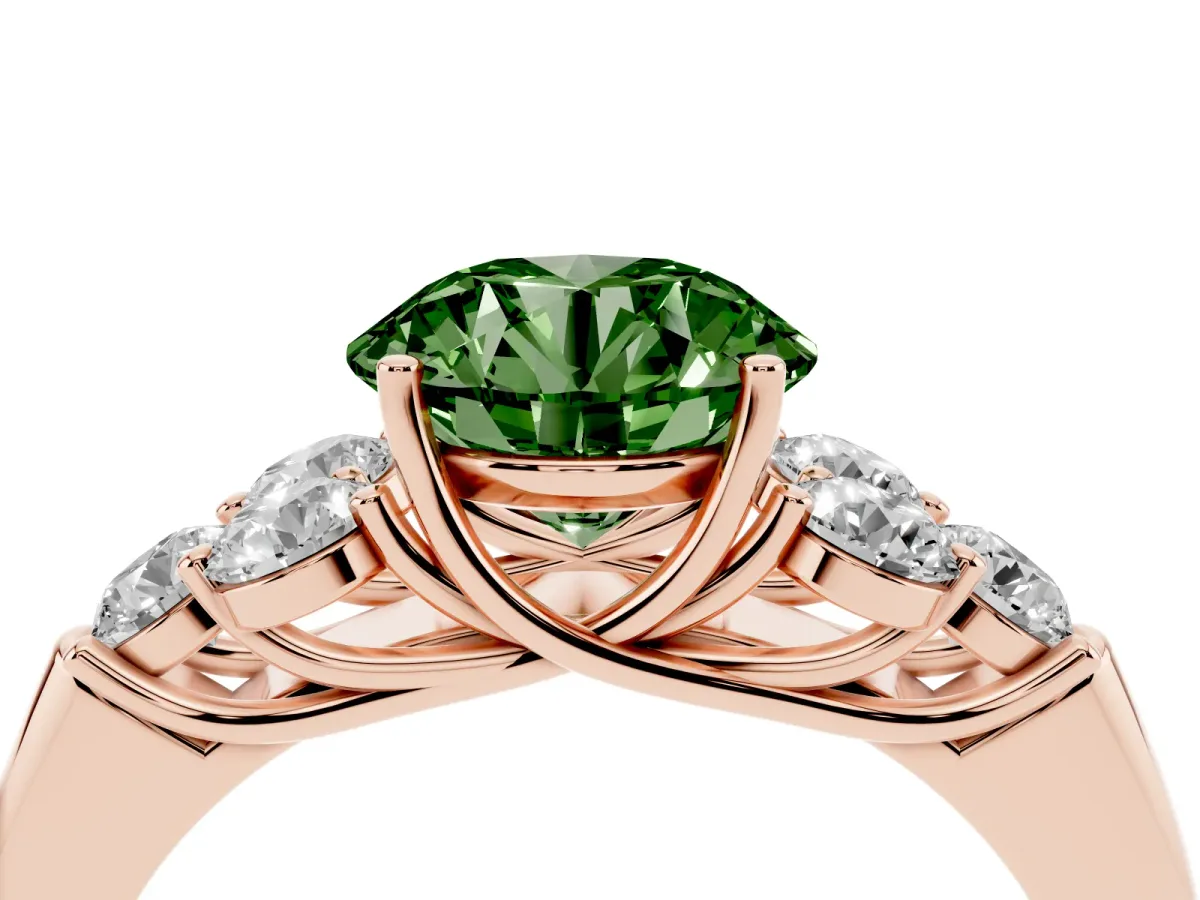Fancy Green Round Cut Cut Diamond Cluster Ring with Round Accent Stones and Prong Setting on a Classic Band Rose gold