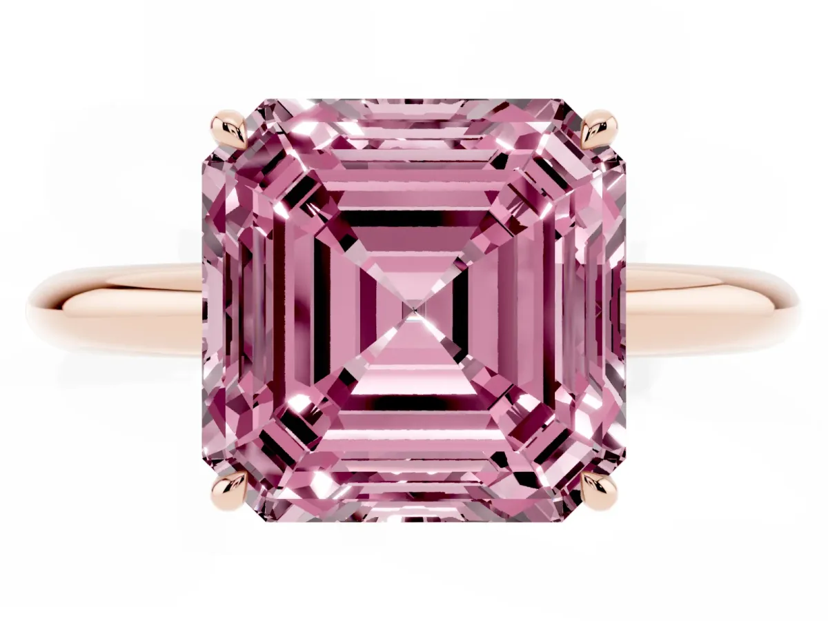 Fancy Pink Asscher Cut Brilliant Solitaire Engagement Ring with Six-Prong Setting and Classic Band Rose gold