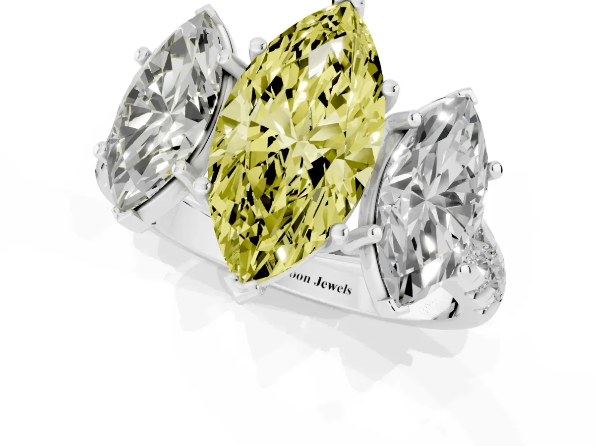 Fancy Yellow Three-Stone Marquise Cut Diamond Pavé Band with Prong Setting Silver