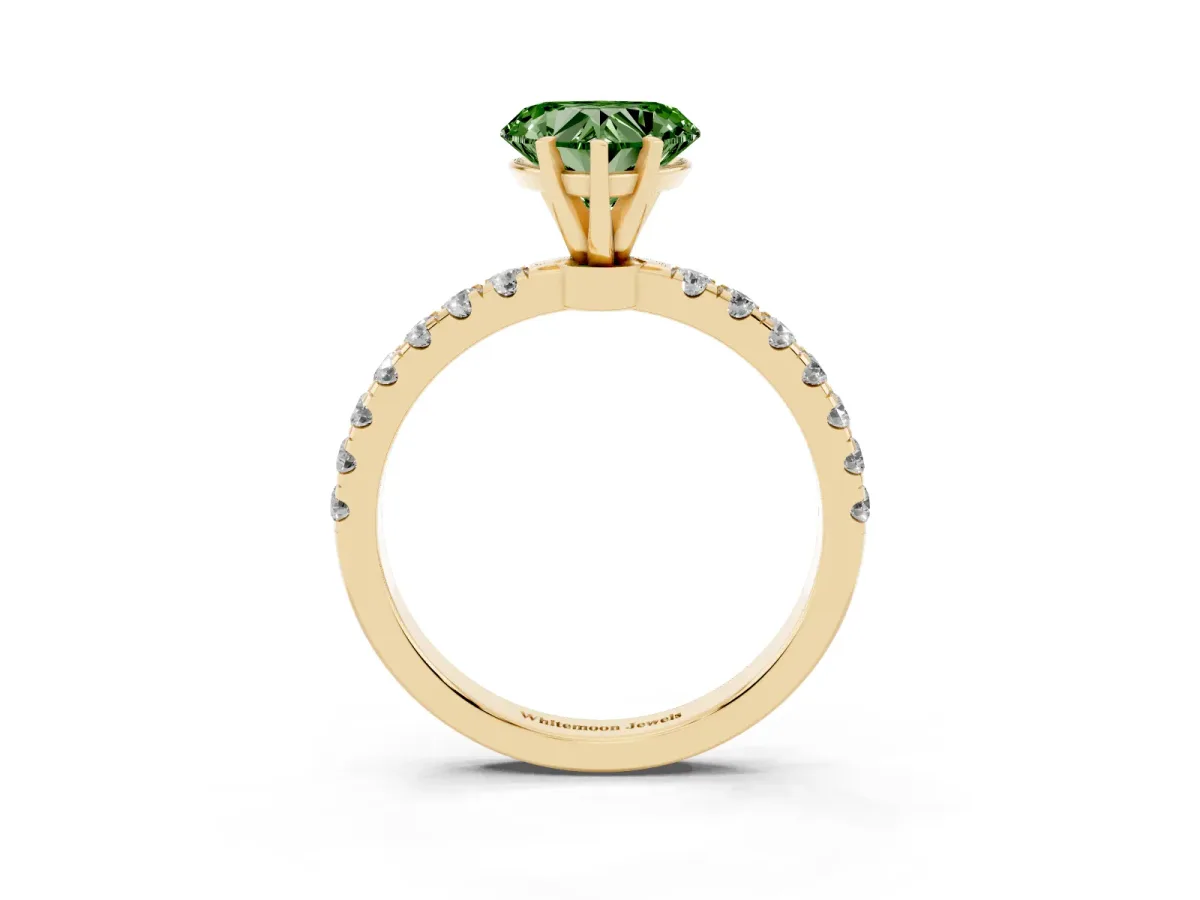 Fancy Green Heart Cut Diamond Solitaire Ring with Pavé Accents and Four-Prong Setting Yellow gold