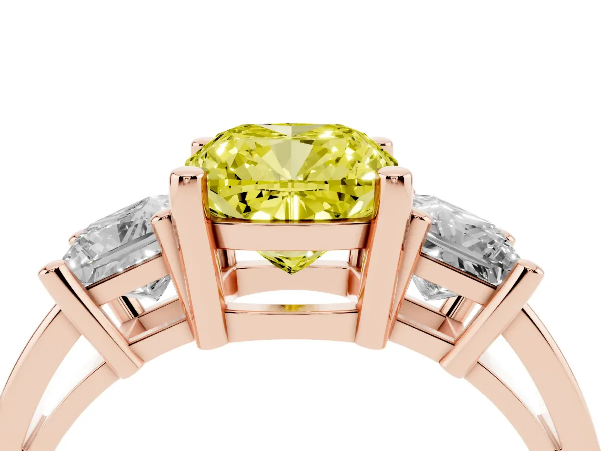 Fancy Yellow Three-Stone Cushion Cut Cut Solitaire Ring with Prong Setting Rose gold