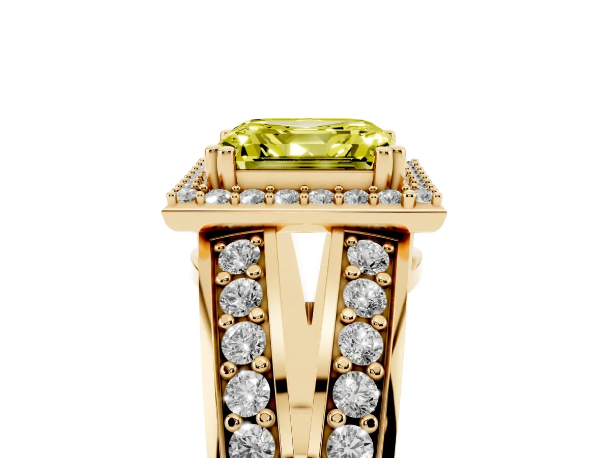Fancy Yellow Asscher Cut Diamond Halo Ring with Split Shank Pavé Band and Four-Prong Setting Yellow gold