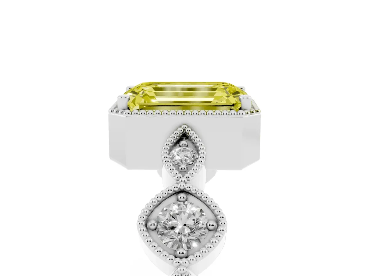 Fancy Yellow Emerald Cut Diamond Vintage Milgrain Ring with Round Stations White gold