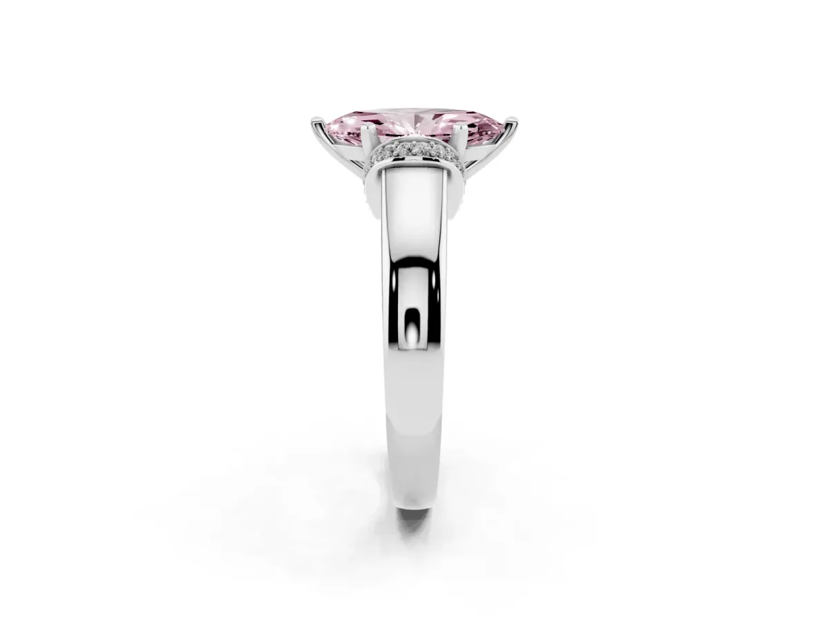 Fancy Pink Marquise Cut Solitaire Diamond Ring with Pave Band and Six-Prong Setting Platinum