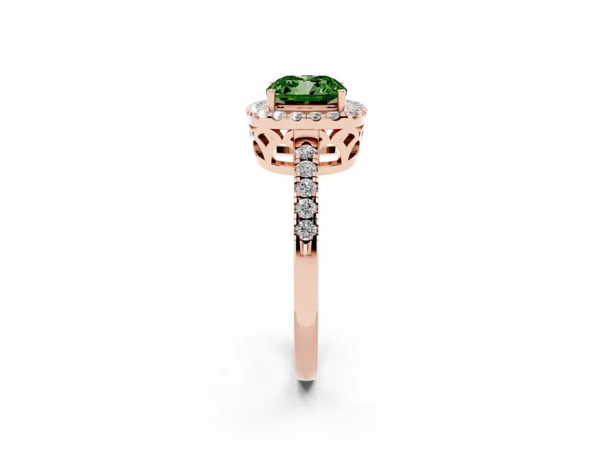 Fancy Green Cushion Cut Halo Diamond Engagement Ring with Pavé Band and Four-Prong Setting Rose gold