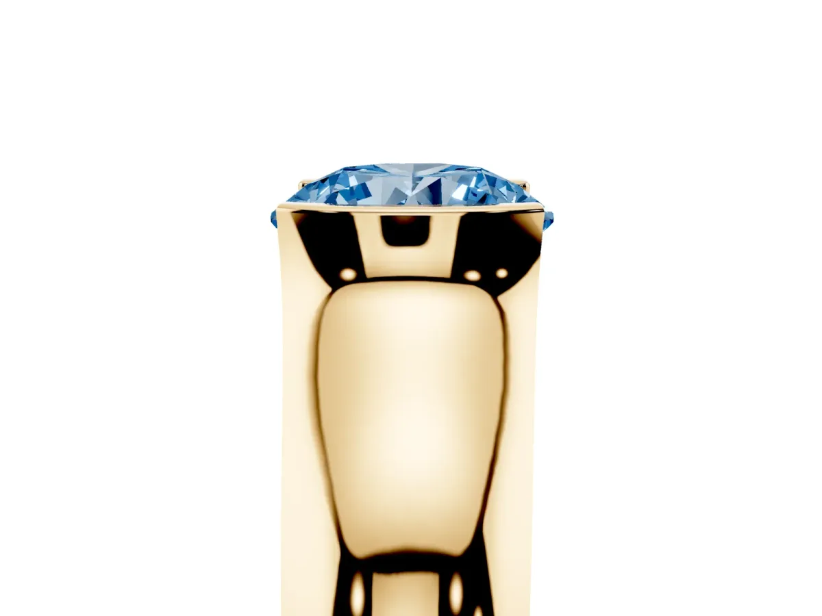 Fancy Blue Round Cut Solitaire Bezel Set Diamond Ring with Wide Band Yellow gold