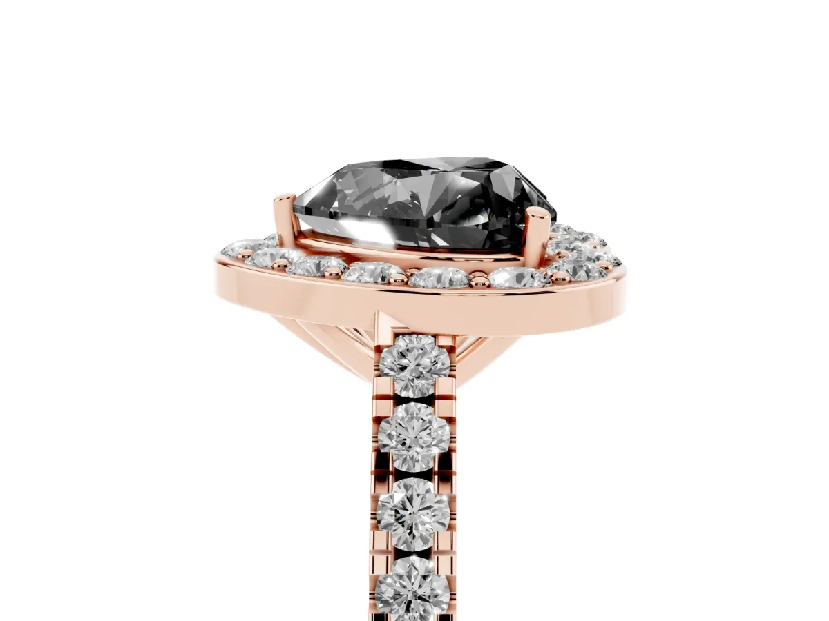 Fancy Black Heart Cut Diamond Halo Ring with Round Pavé Split Shank and Prong Setting Rose gold