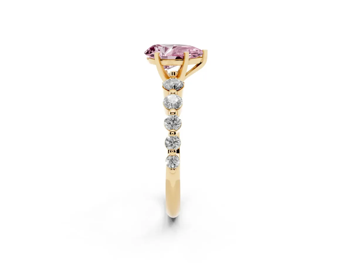 Fancy Pink Pear Cut Solitaire Diamond Ring with Pave Band and Four-Prong Setting Yellow gold
