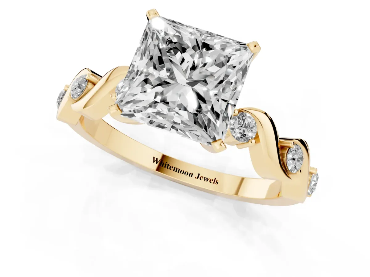 Princess Cut Diamond Solitaire Twisted Band with Round Accents and Prong Setting Yellow gold