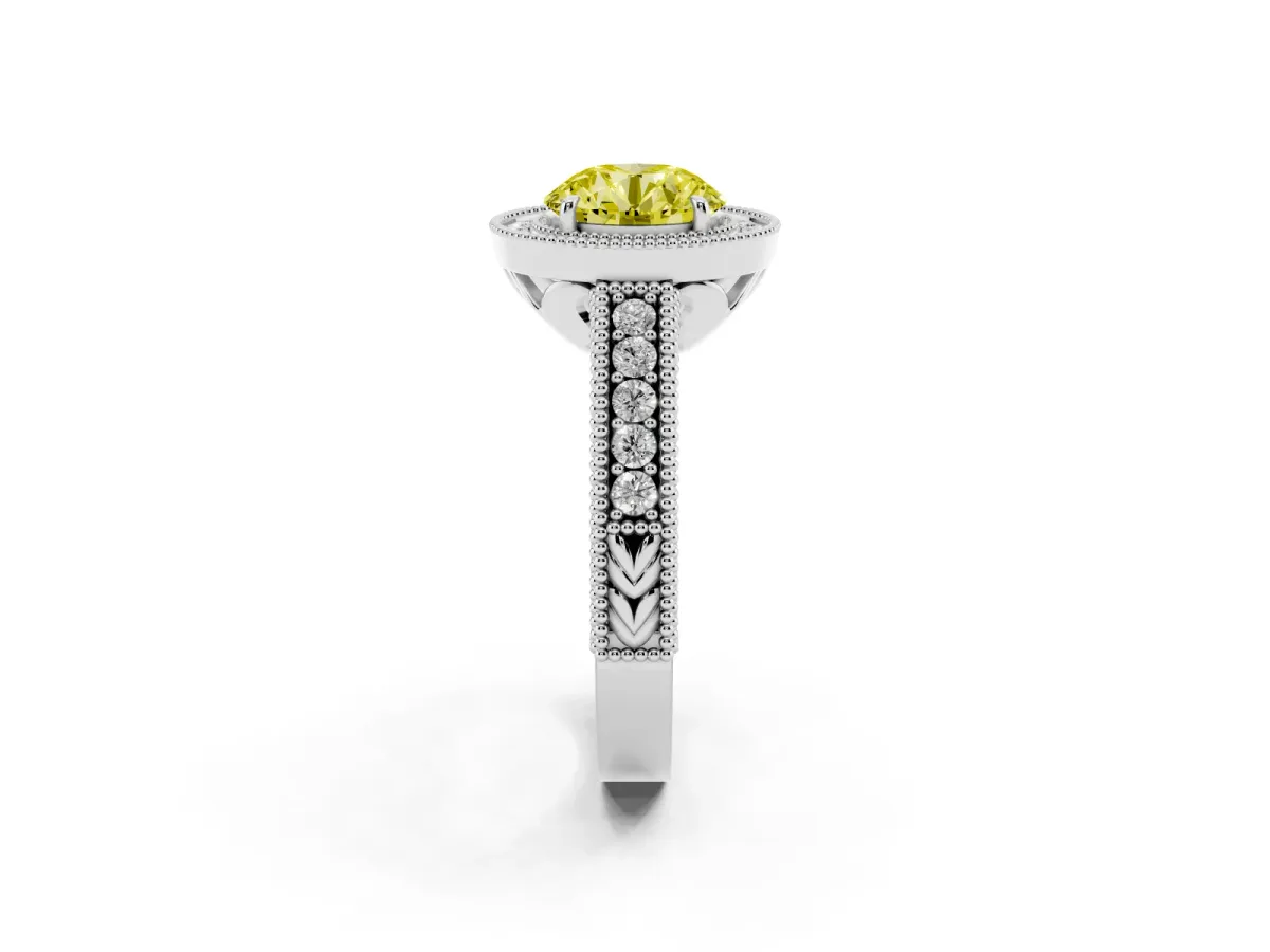 Fancy Yellow Round Cut Cut Halo Diamond Ring with Pavé Band and Four-Prong Setting Silver