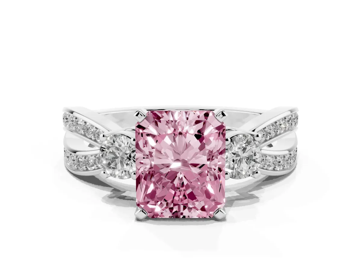 Fancy Pink Three-Stone Radiant Cut Cut Diamond Twist Band with Prong Setting Silver