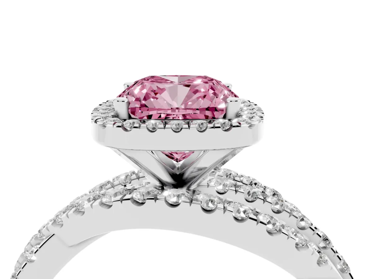 Fancy Pink Cushion Cut Diamond Halo Ring with Round Split Shank and Prong Setting Platinum
