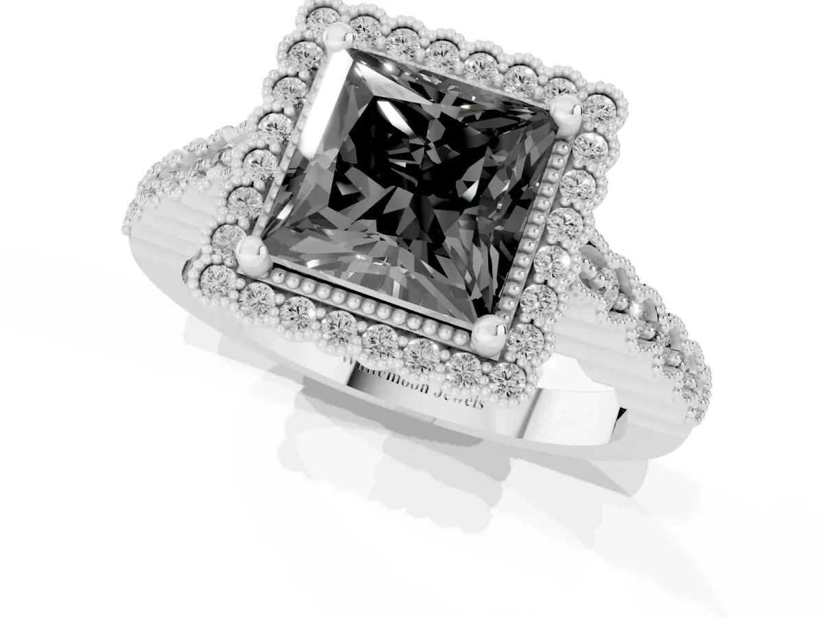 Fancy Black Princess Cut Cut Halo Pavé Solitaire Ring with Milgrain Band Silver