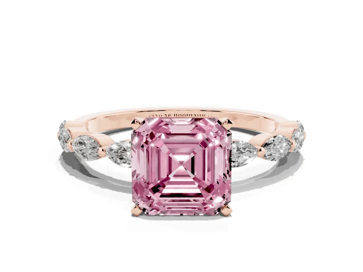 Fancy Pink Asscher Cut Diamond Ring with Marquise Side Stones and Prong Setting Rose gold