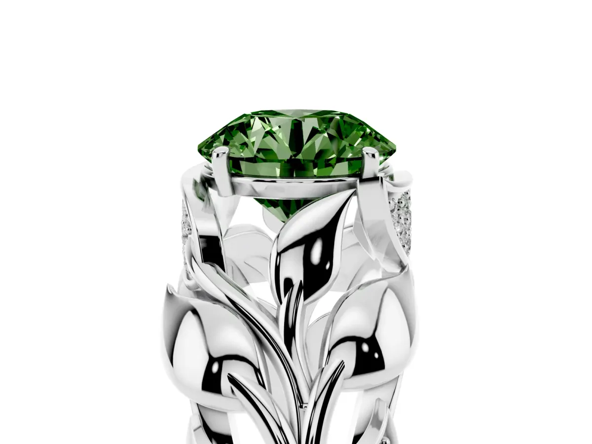 Fancy Green Round Cut Diamond Leaf-Inspired Engagement Ring with Round Accents and Prong Setting White gold