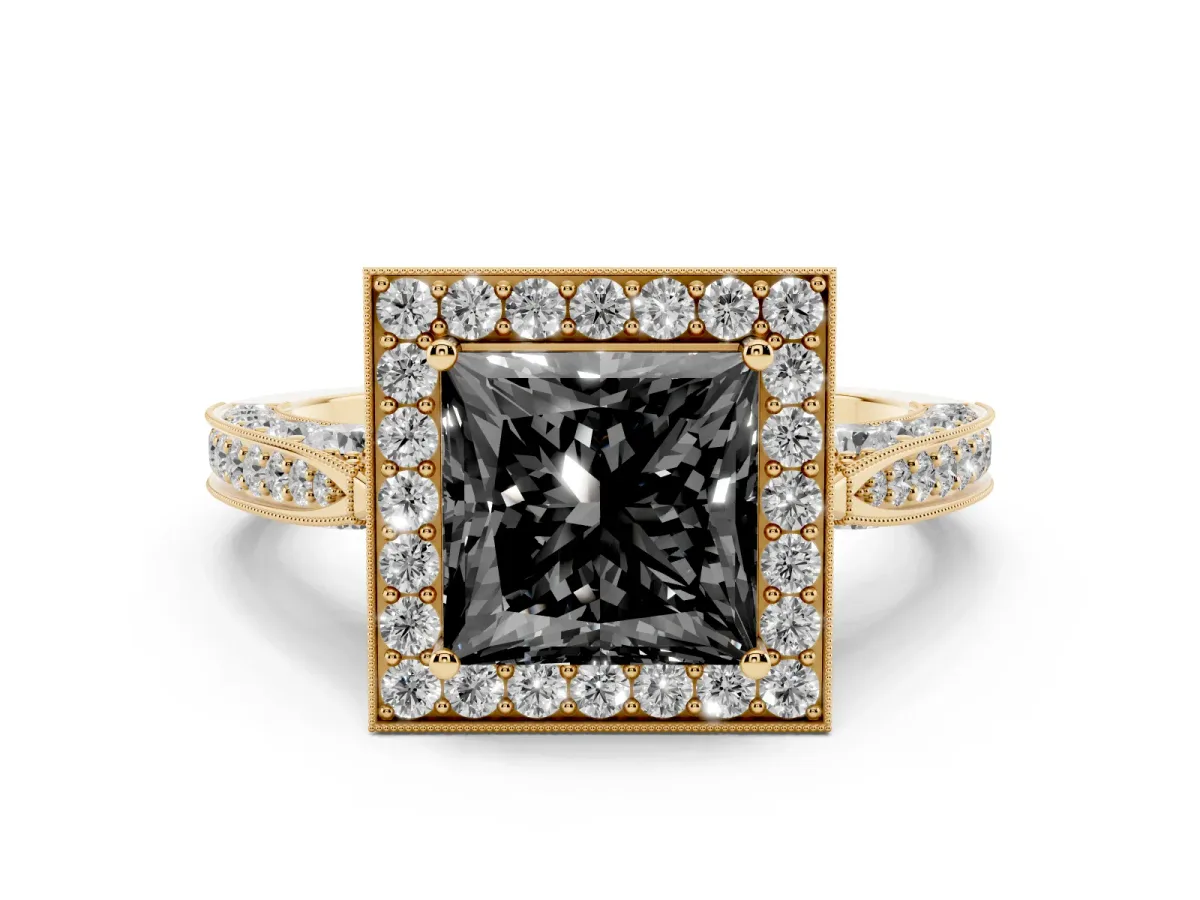 Fancy Black Princess Cut Halo Diamond Engagement Ring with Split Shank Band and Four-Prong Setting Yellow gold
