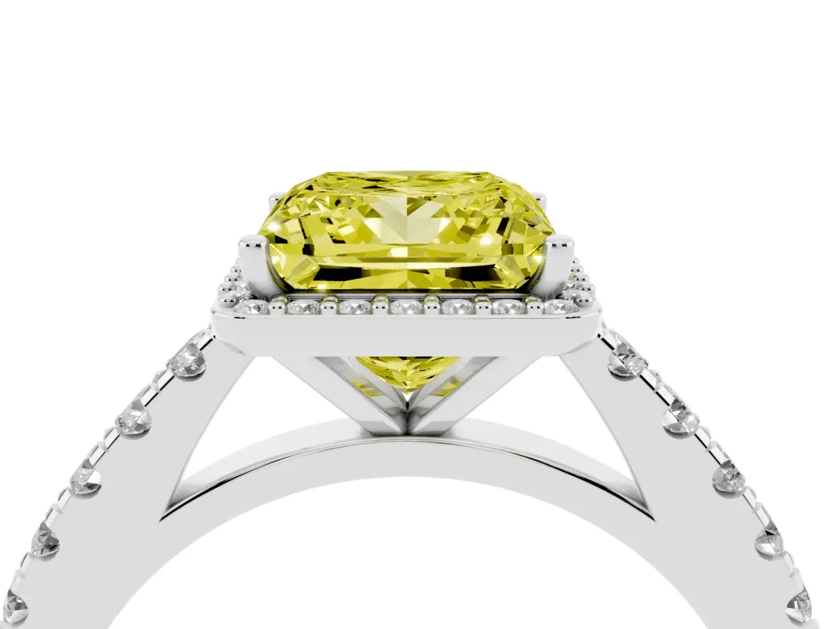 Fancy Yellow Princess Cut Cut Halo Diamond Engagement Ring with Pave Band and Four-Prong Setting Platinum