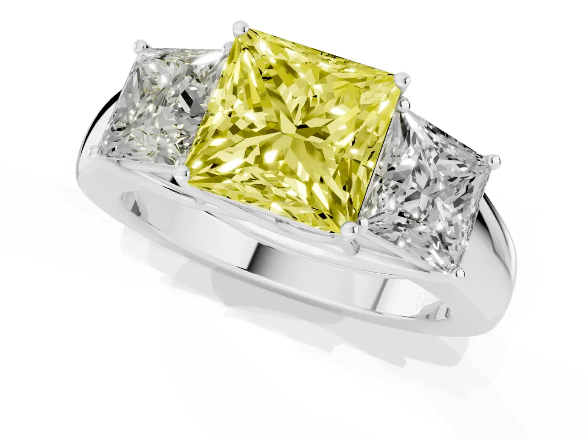 Fancy Yellow Three-Stone Princess Cut Cut Diamond Ring with Prong Setting and Classic Band Silver
