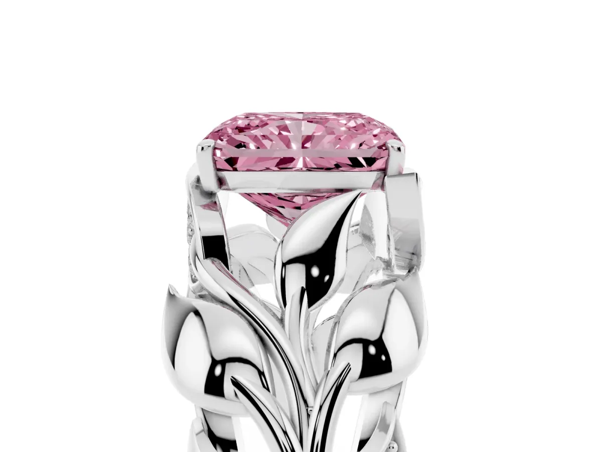 Fancy Pink Radiant Cut Diamond Leaf-Inspired Engagement Ring with Round Accents and Prong Setting Silver