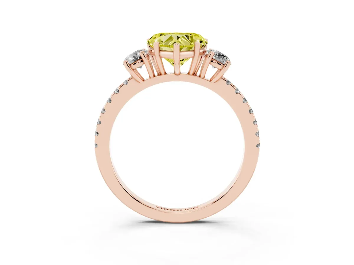 Fancy Yellow Three-Stone Heart Cut Cut Diamond Pavé Band with Prong Setting Rose gold