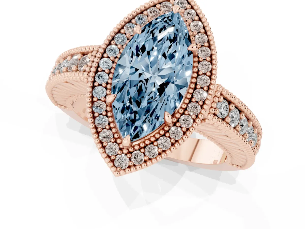 Fancy Blue Marquise Cut Cut Halo Diamond Ring with Pavé Band and Four-Prong Setting Rose gold