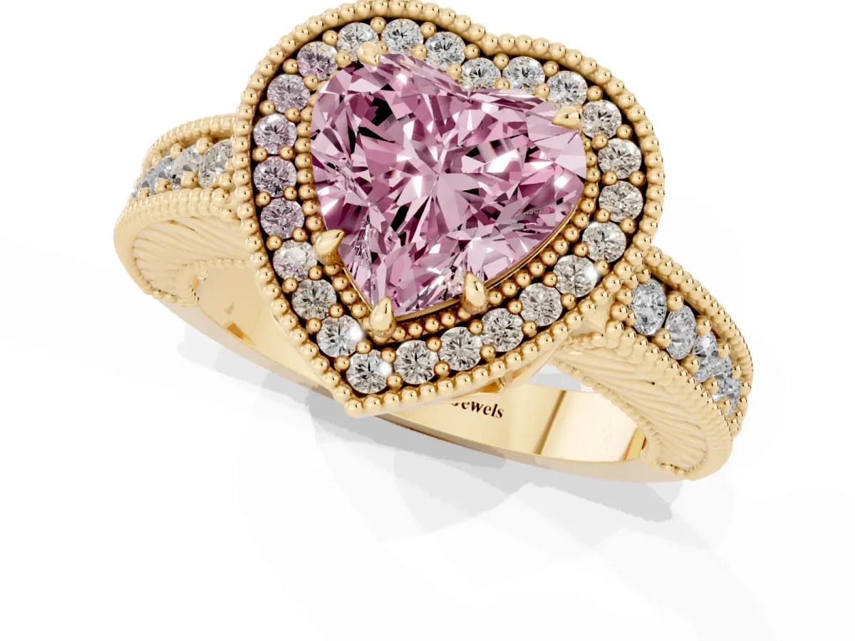 Fancy Pink Heart Cut Cut Halo Diamond Ring with Pavé Band and Four-Prong Setting Yellow gold