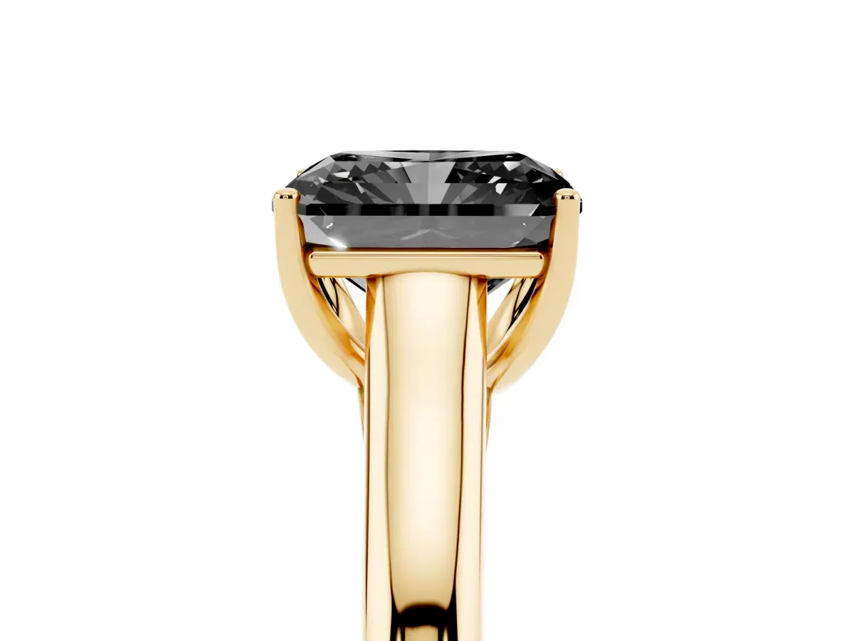 Fancy Black Radiant Cut Solitaire Engagement Ring with Tapered Band and Four-Prong Setting Yellow gold