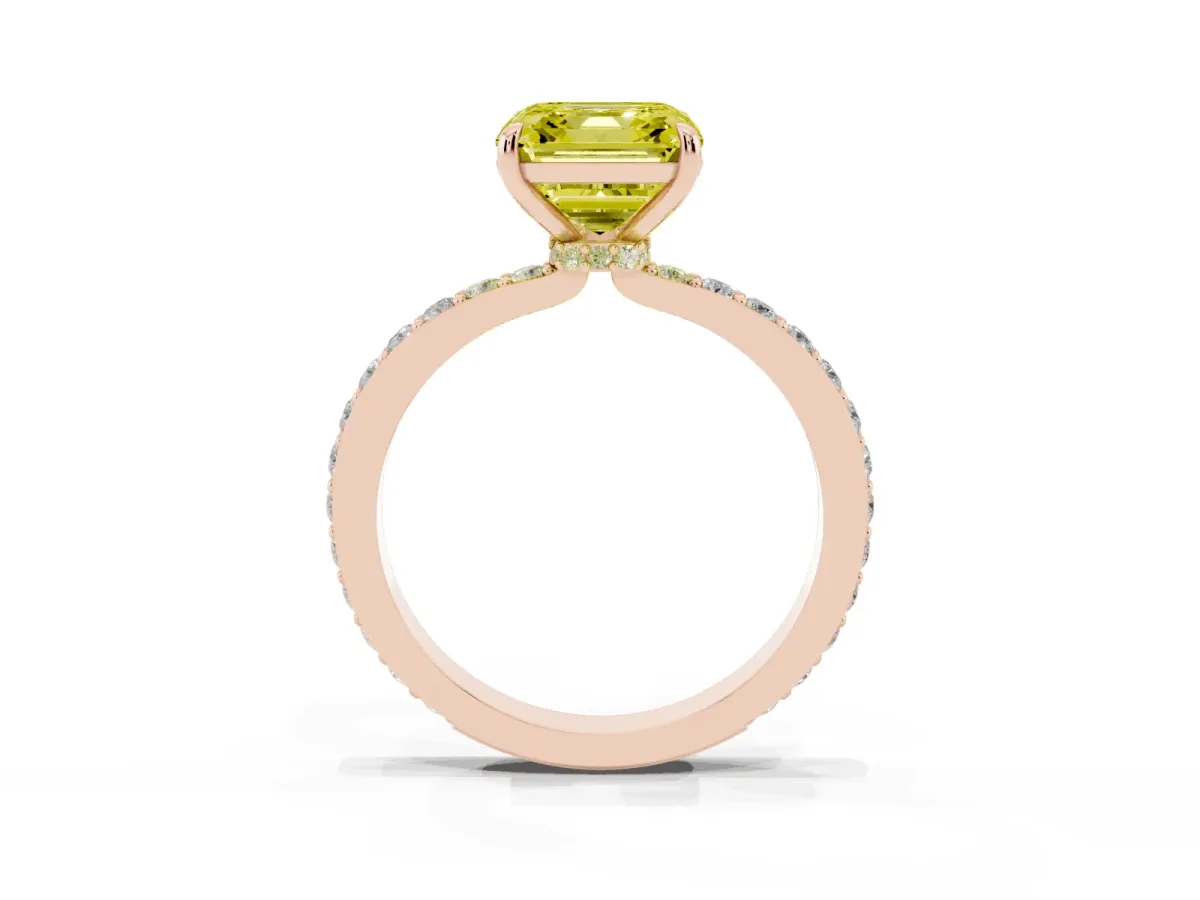 Fancy Yellow Asscher Cut Diamond Solitaire Engagement Ring with Pavé Band and Four-Prong Setting Rose gold