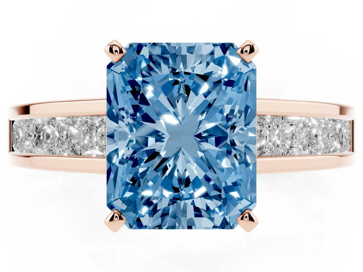 Fancy Blue Radiant Cut Solitaire Diamond Ring with Channel-Set Band and Four-Prong Setting Rose gold