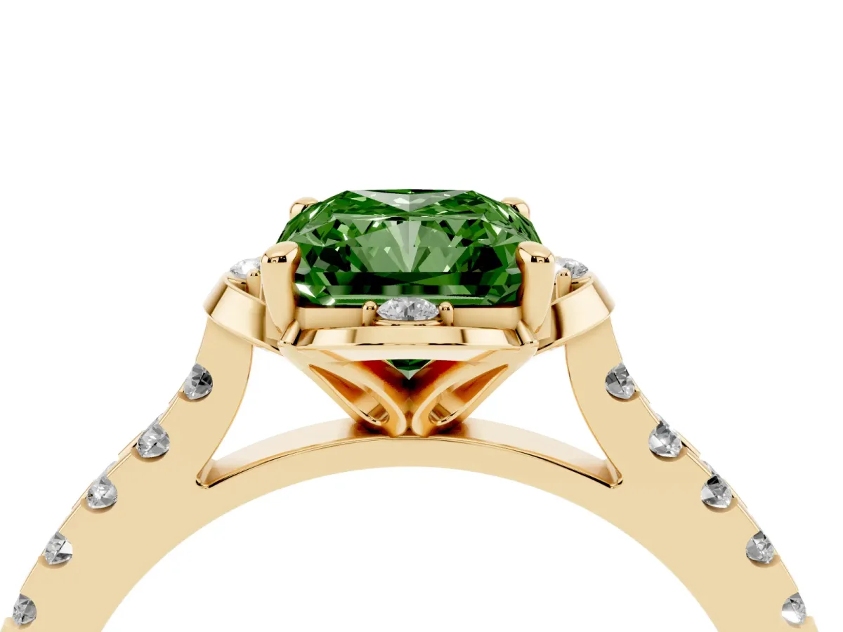 Fancy Green Radiant Cut Diamond Ring with Pavé Band and Floral Prong Setting Yellow gold