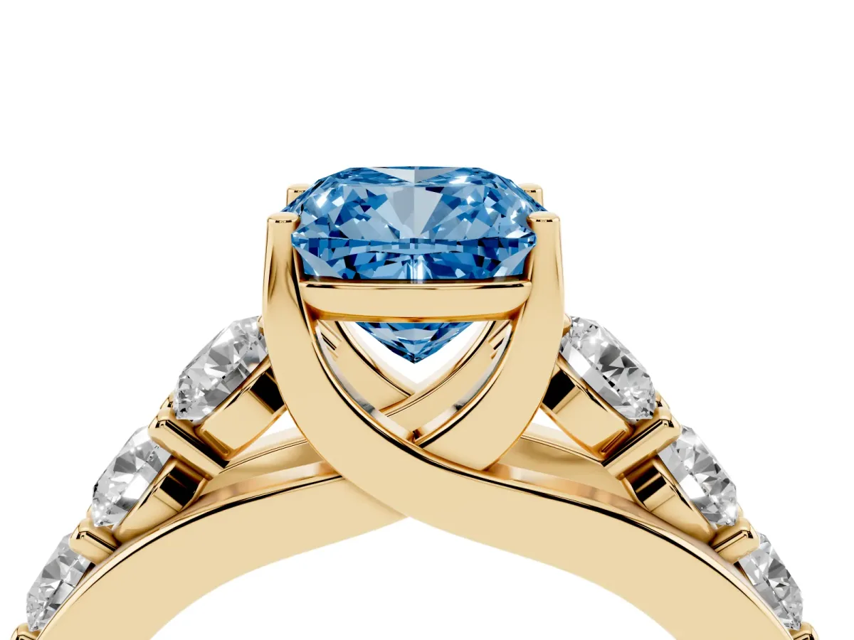 Fancy Blue Cushion Cut Diamond Engagement Ring with Pavé Band and Four-Prong Setting Yellow gold