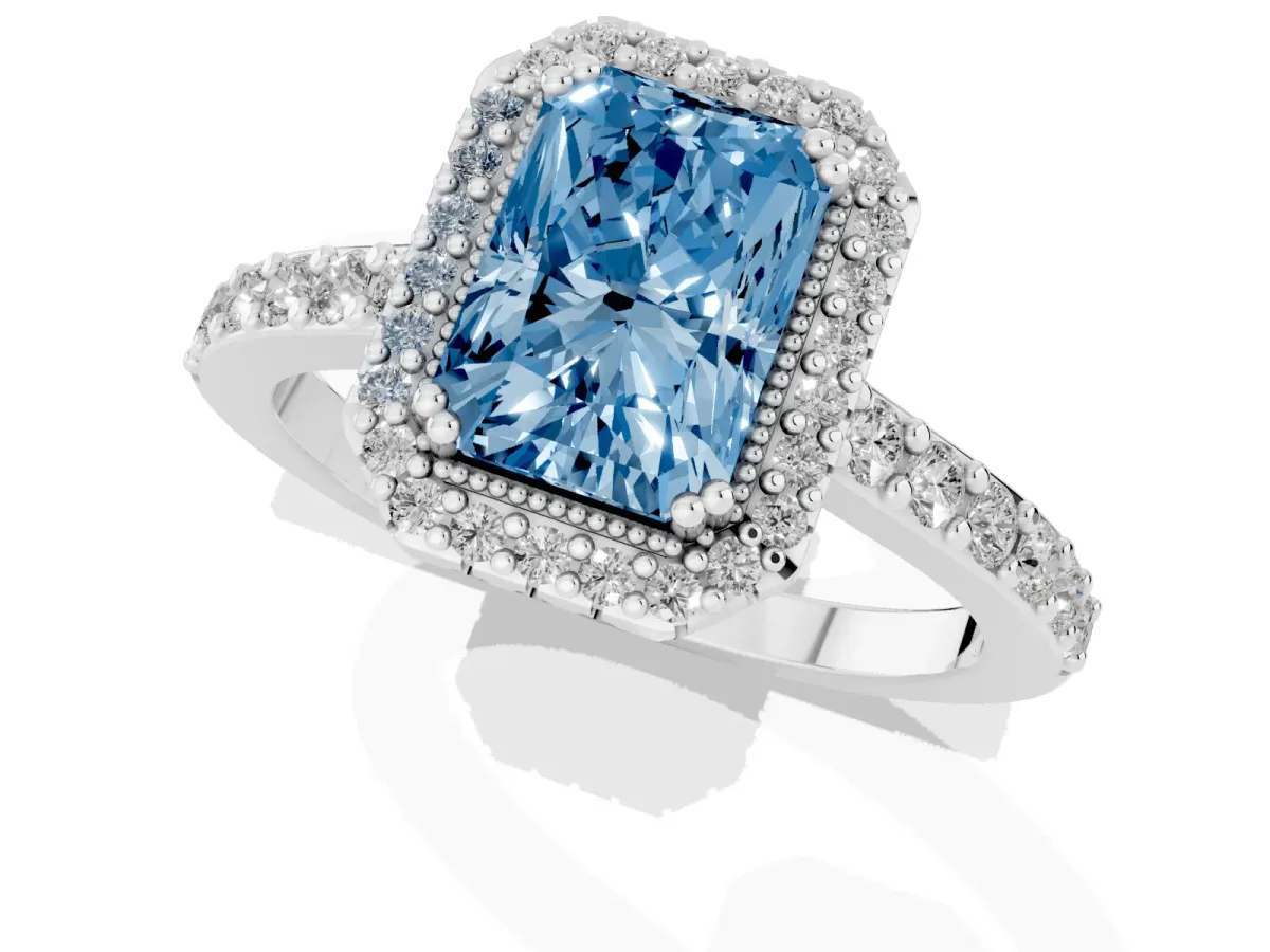 Fancy Blue Radiant Cut Cut Diamond Halo Engagement Ring with Milgrain Detail and Pavé Band Platinum