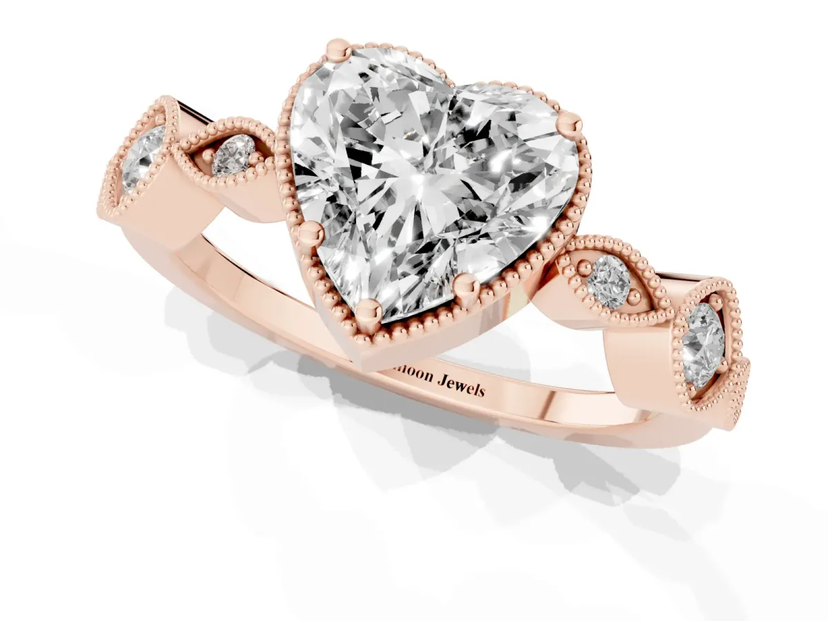 Heart Cut Diamond Vintage Milgrain Ring with Round Stations Rose gold