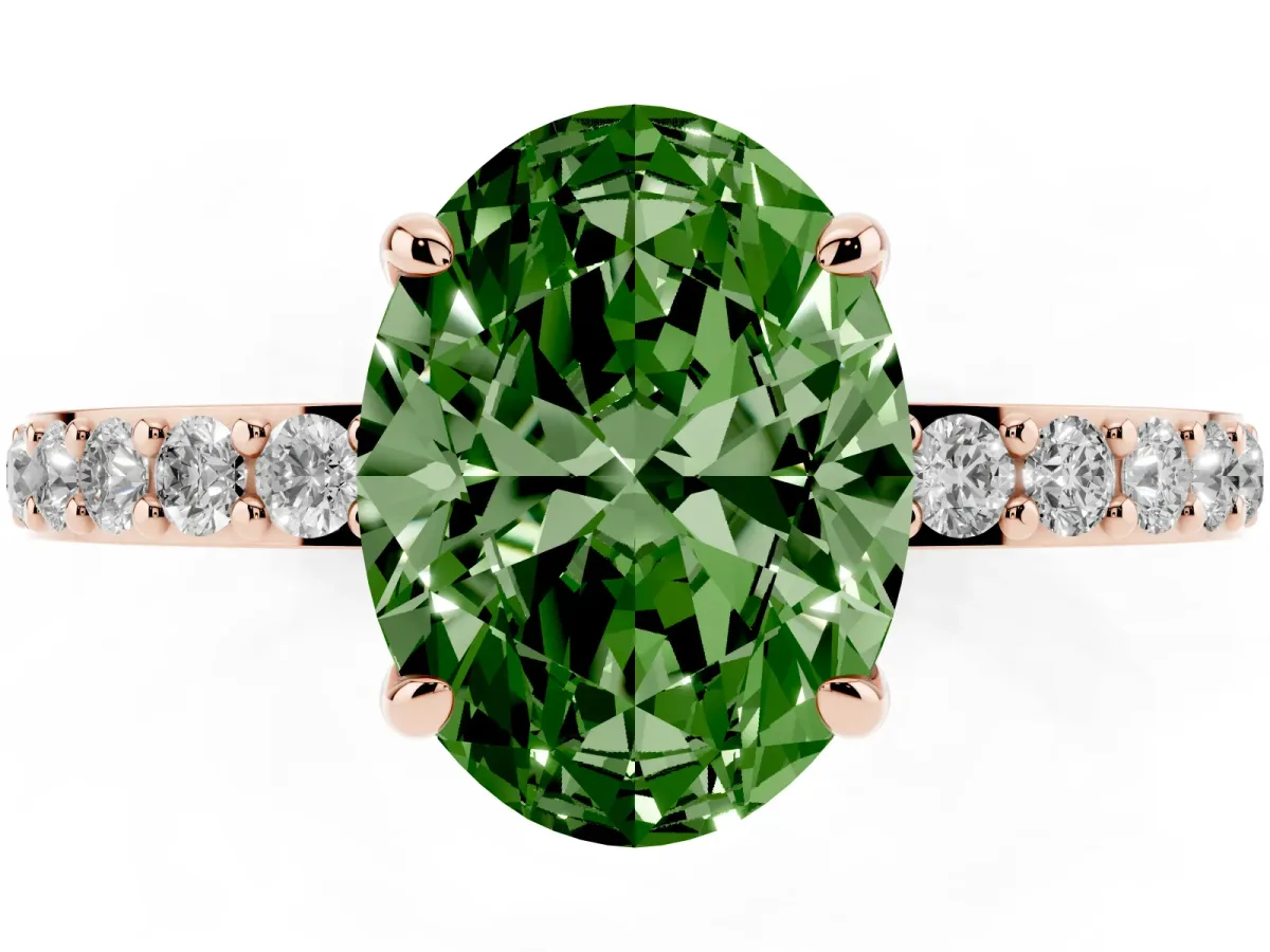 Fancy Green Oval Cut Diamond Pavé Engagement Ring with Round Accents and Prong Setting Rose gold