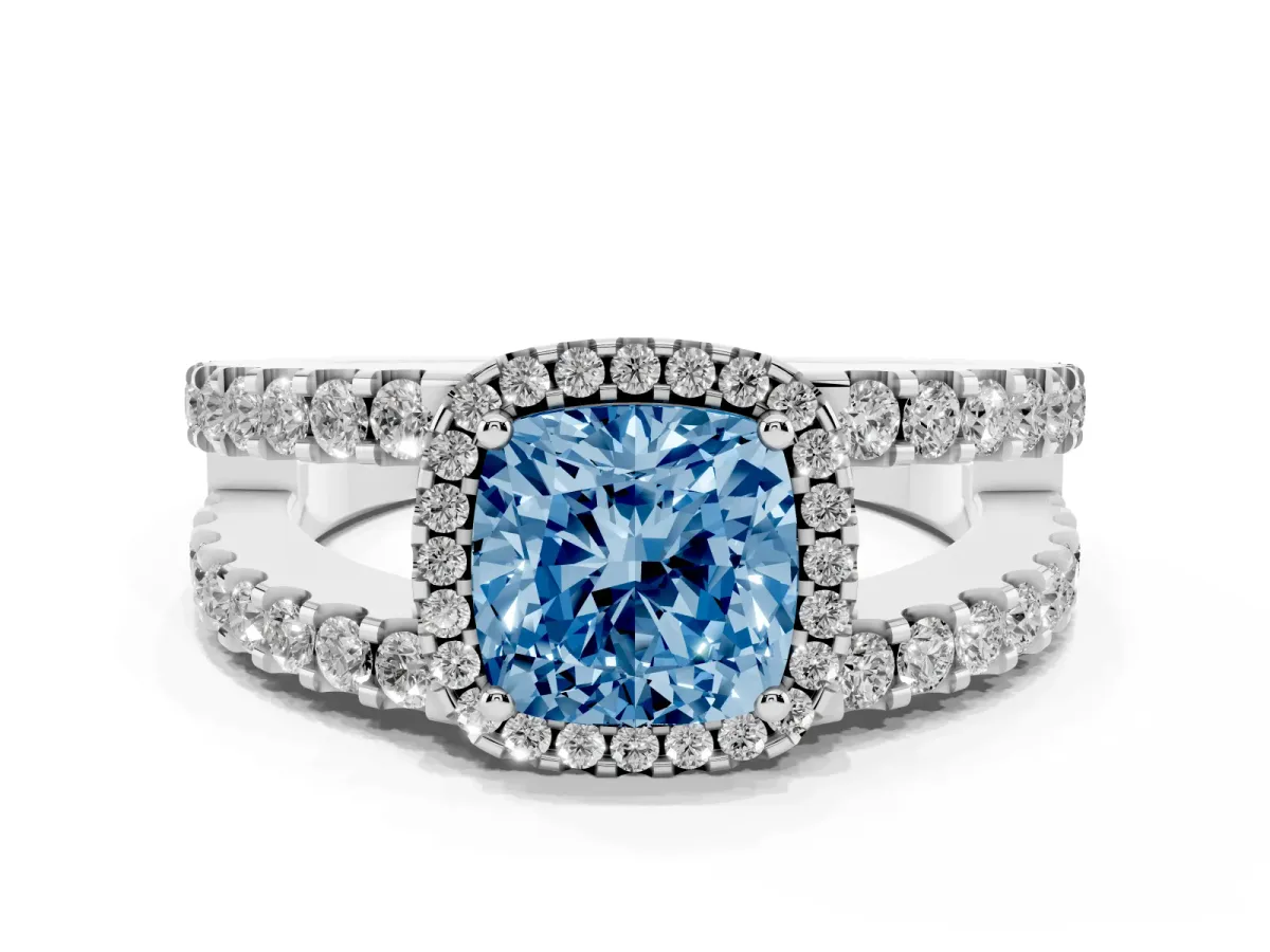 Fancy Blue Cushion Cut Cut Halo Split Shank Diamond Ring with Four-Prong Setting Platinum