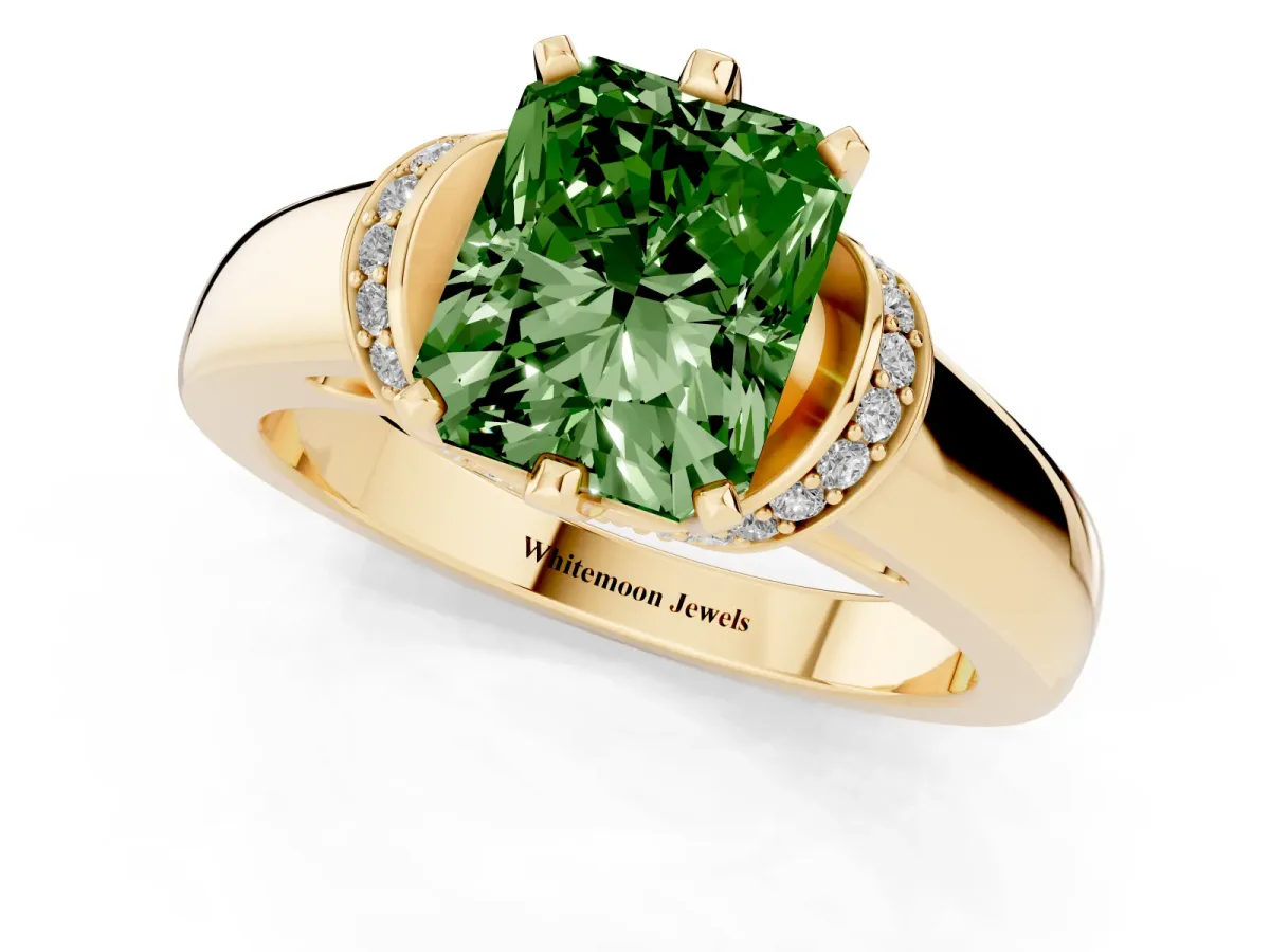 Fancy Green Radiant Cut Solitaire Diamond Ring with Pave Band and Six-Prong Setting Yellow gold