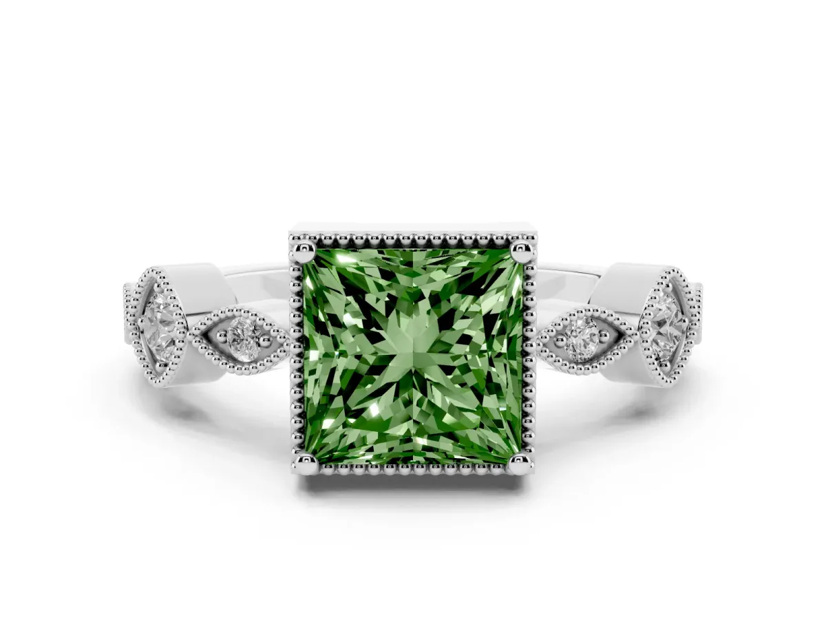 Fancy Green Princess Cut Diamond Vintage Milgrain Ring with Round Stations Silver