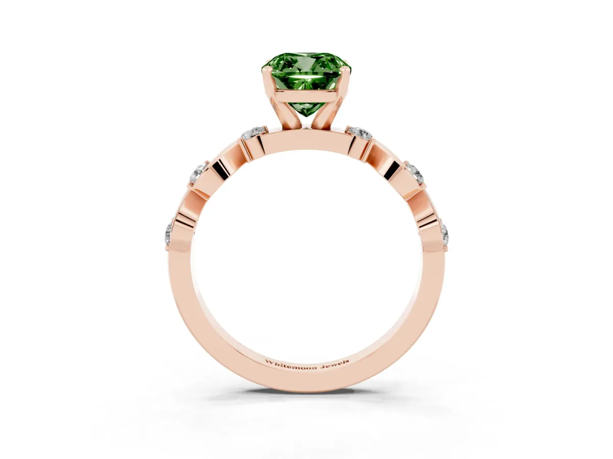 Fancy Green Cushion Cut Diamond Solitaire Twisted Band with Round Accents and Prong Setting Rose gold