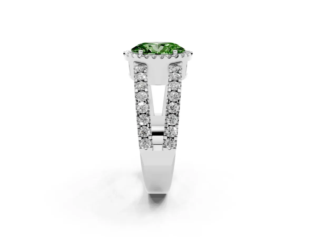 Fancy Green Oval Cut Cut Halo Split Shank Diamond Ring with Four-Prong Setting Platinum