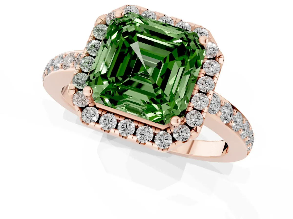 Fancy Green Asscher Cut Halo Diamond Pavé Band Ring with Prong Setting Rose gold