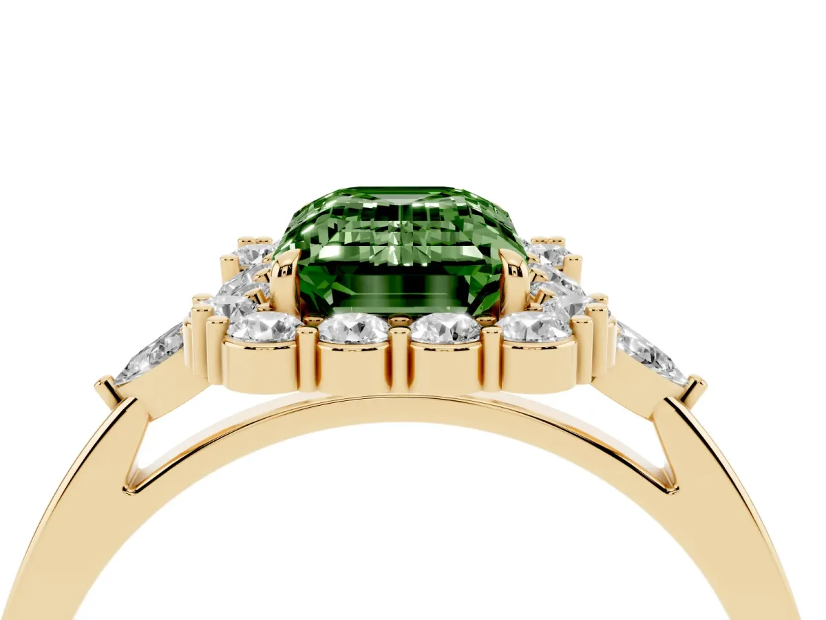 Fancy Green Emerald Cut Diamond Halo Ring with Pear Side Stones and Prong Setting Yellow gold