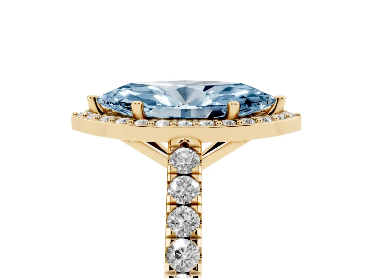 Fancy Blue Marquise Cut Cut Halo Diamond Engagement Ring with Pave Band and Four-Prong Setting Yellow gold