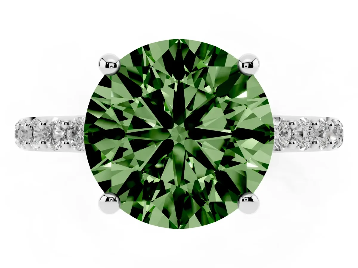 Fancy Green Round Cut Diamond Solitaire Ring with Round Pavé Band and Prong Setting Silver