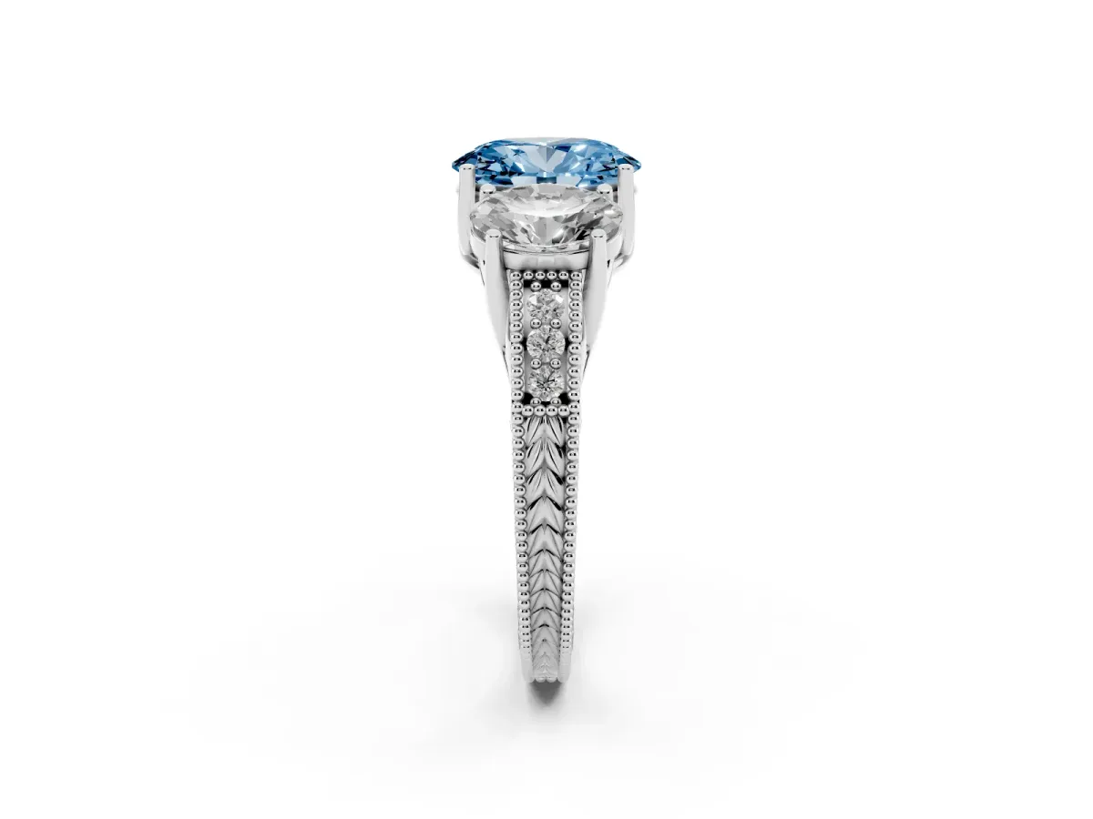 Fancy Blue Three-Stone Oval Cut Cut Milgrain Pavé Engagement Ring Platinum