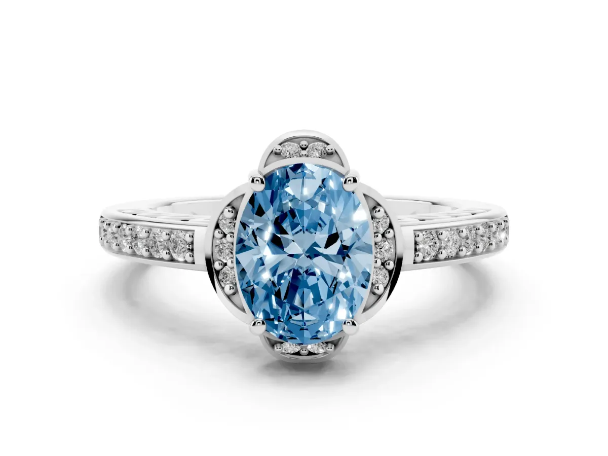 Fancy Blue Oval Cut Cut Halo Diamond Ring with Channel Set Band and Four-Prong Setting Silver