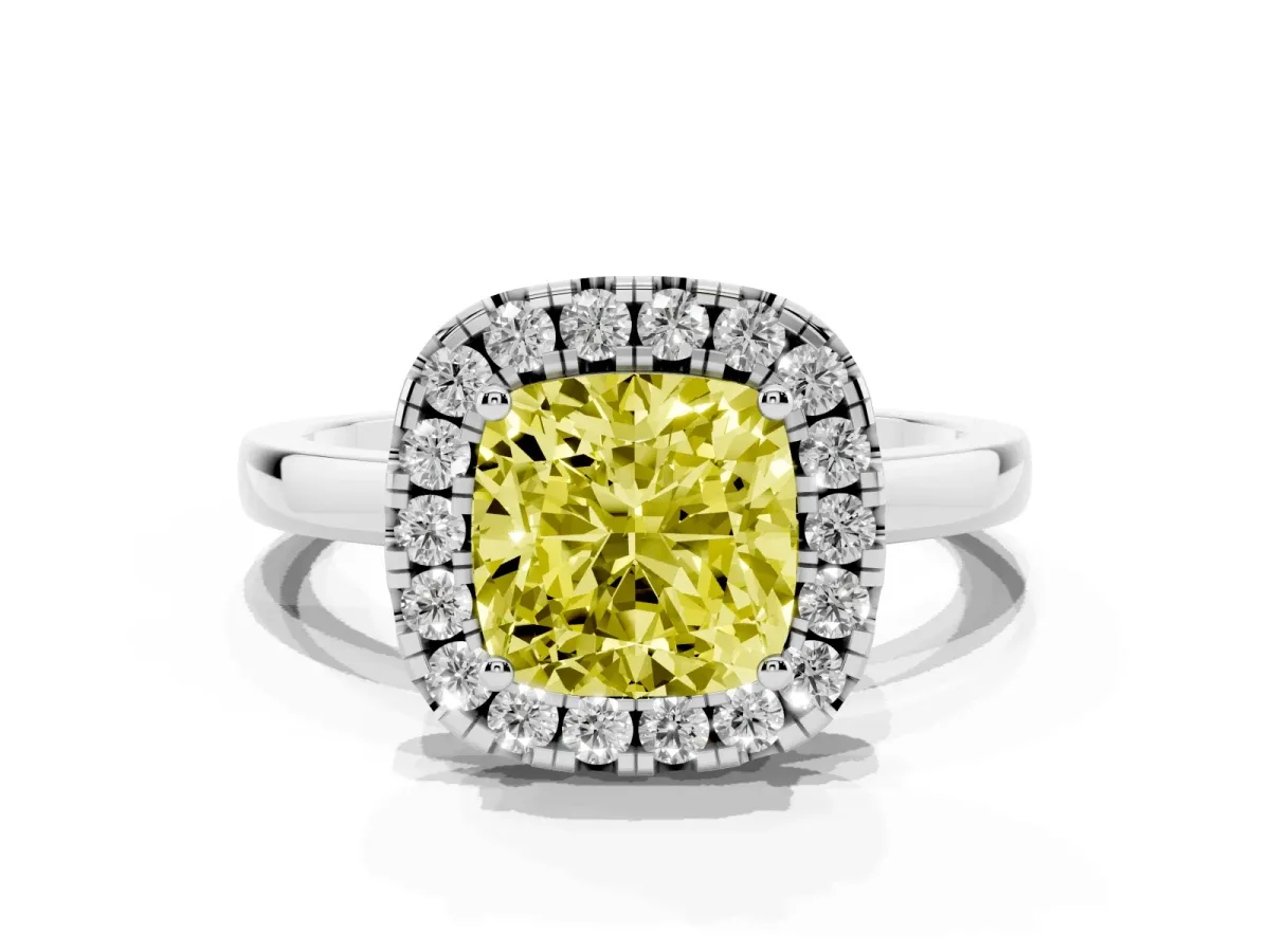 Fancy Yellow Cushion Cut Halo Diamond Solitaire with Pavé Band and Four-Prong Setting White gold