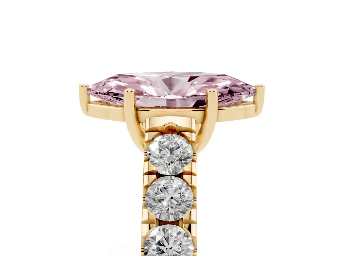 Fancy Pink Marquise Cut Cut Diamond Solitaire Ring with Micro Pave Band and Prong Setting Yellow gold