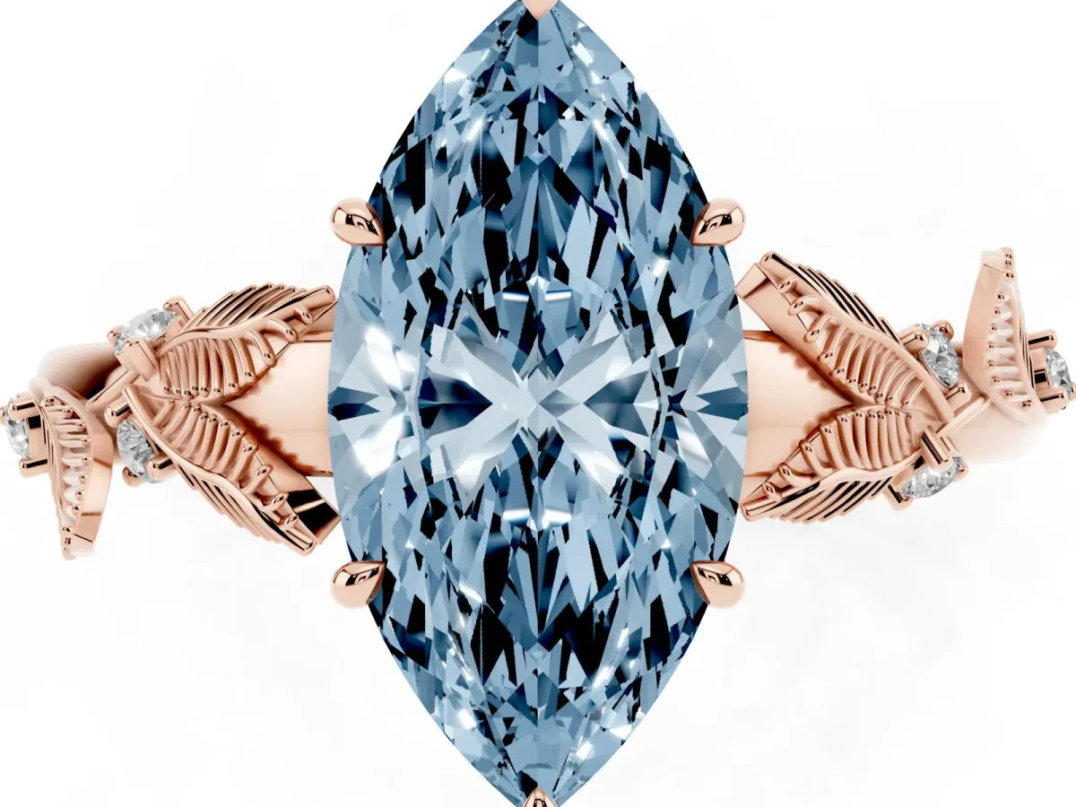 Fancy Blue Marquise Cut Diamond Solitaire Ring with Leaf Motif Band and Four-Prong Setting Rose gold