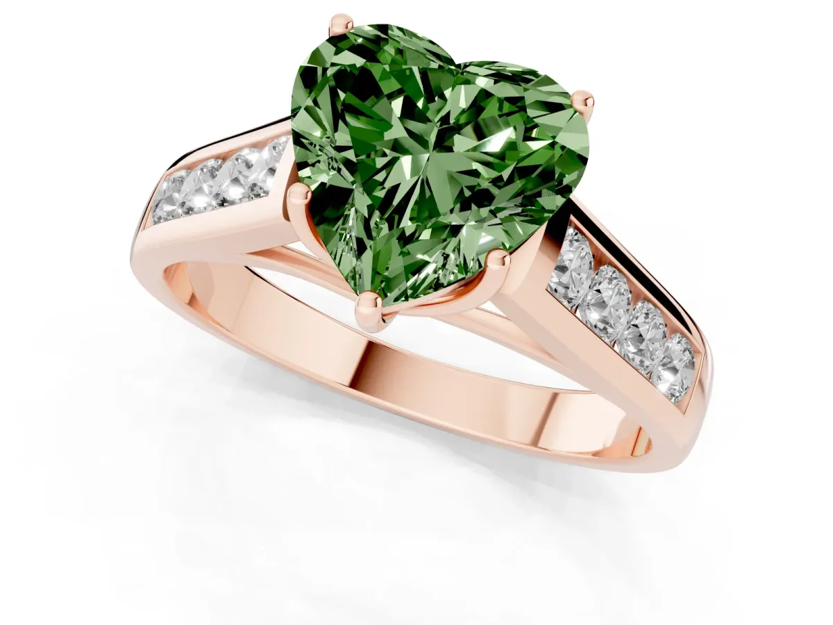 Fancy Green Heart Cut Solitaire Channel-Set Diamond Engagement Ring with Four-Prong Setting Rose gold